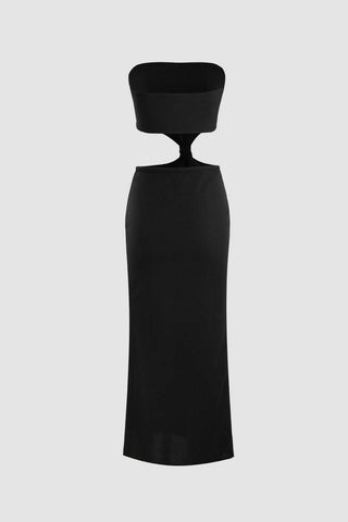 Strapless Cut Out Knot Detail Slit Midi Dress