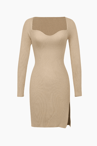 Sweetheart Neckline Slit Knitted Mini Dress