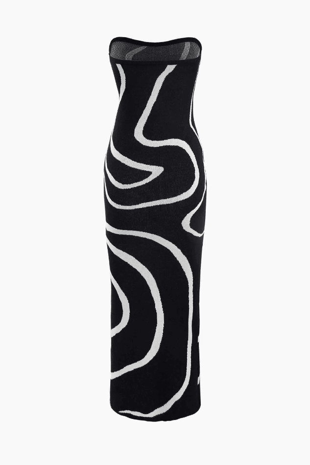 Swirl Stripe Knit Strapless Midi Dress