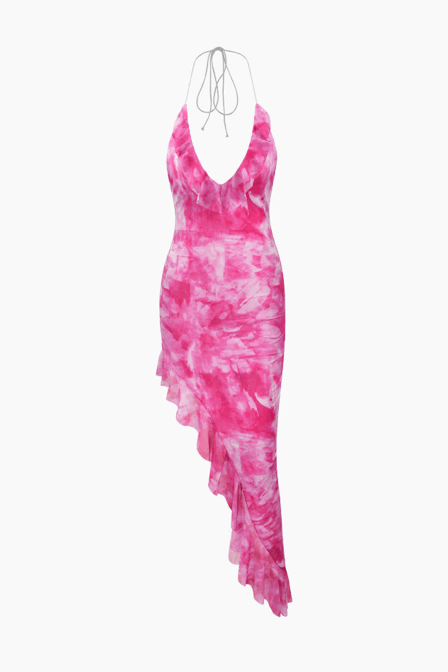 Tie Dye Halter Asymmetric Midi Dress