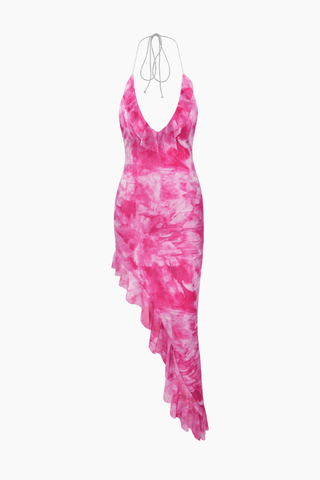 Tie Dye Halter Asymmetric Midi Dress