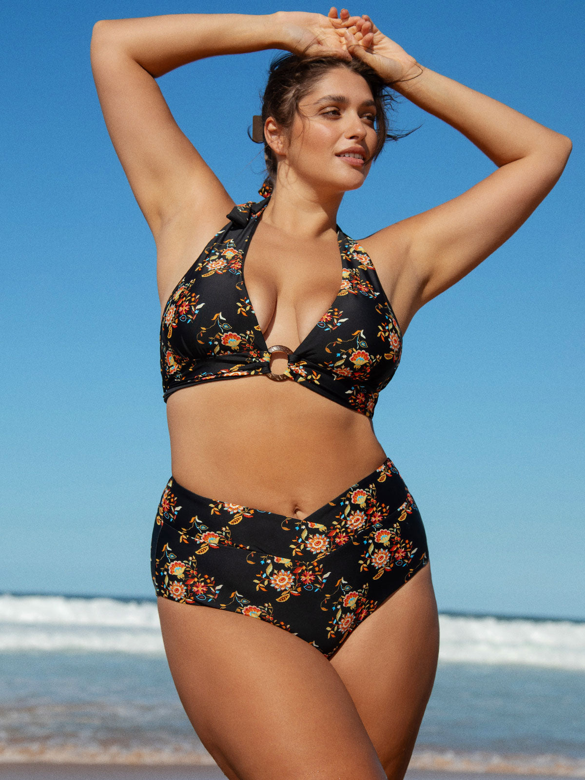 Black V-Cut Floral Plus Size Bikini Bottom