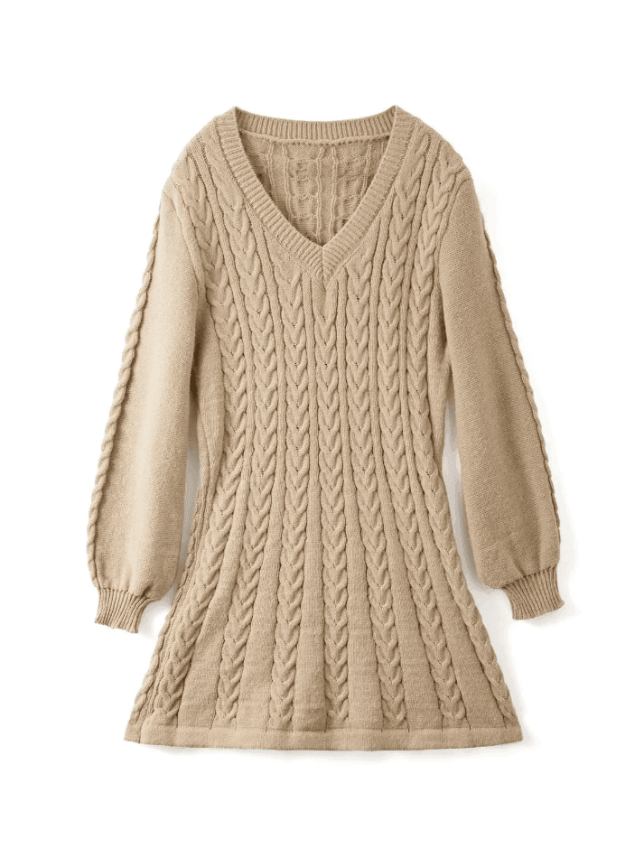 V Neck Cable Knit Long Sleeve Mini Dress