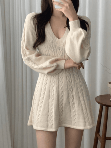 V Neck Cable Knit Long Sleeve Mini Dress