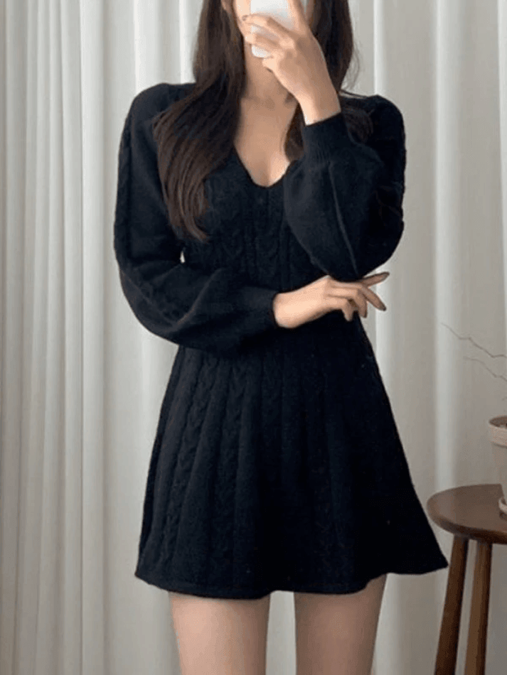 V Neck Cable Knit Long Sleeve Mini Dress