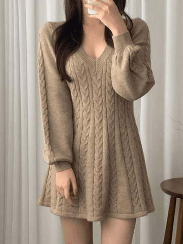 V Neck Cable Knit Long Sleeve Mini Dress