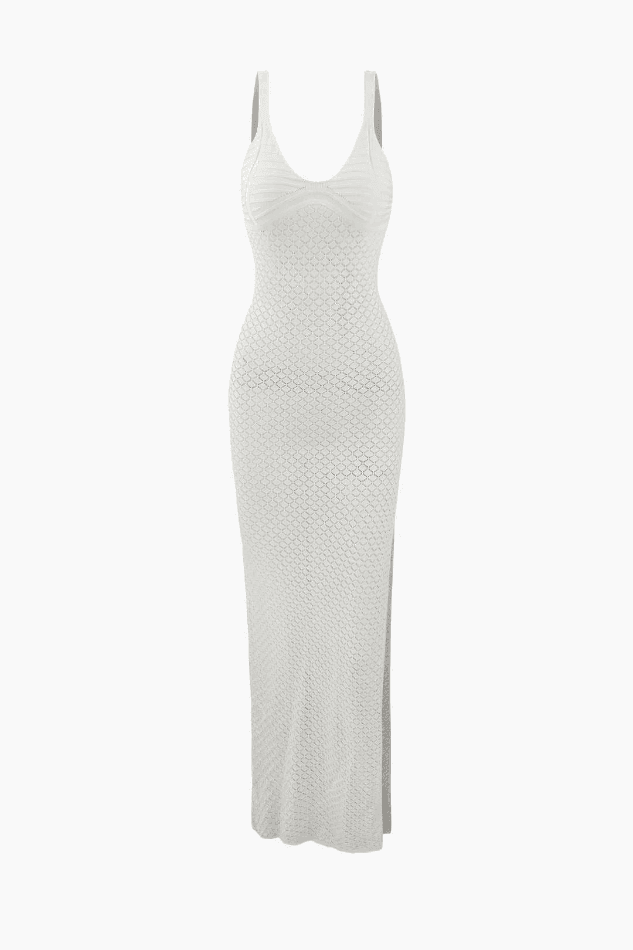 V-neck Slit Openwork Knit Cover Up Dress