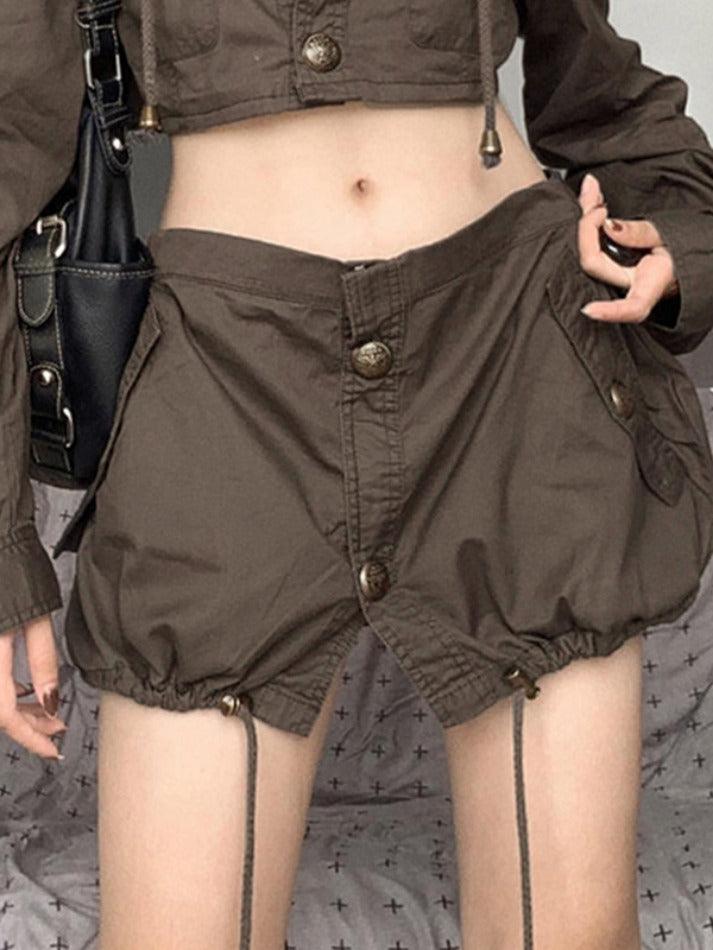 Vintage Pocket Button Drawstring Hem Cargo Mini Skirt