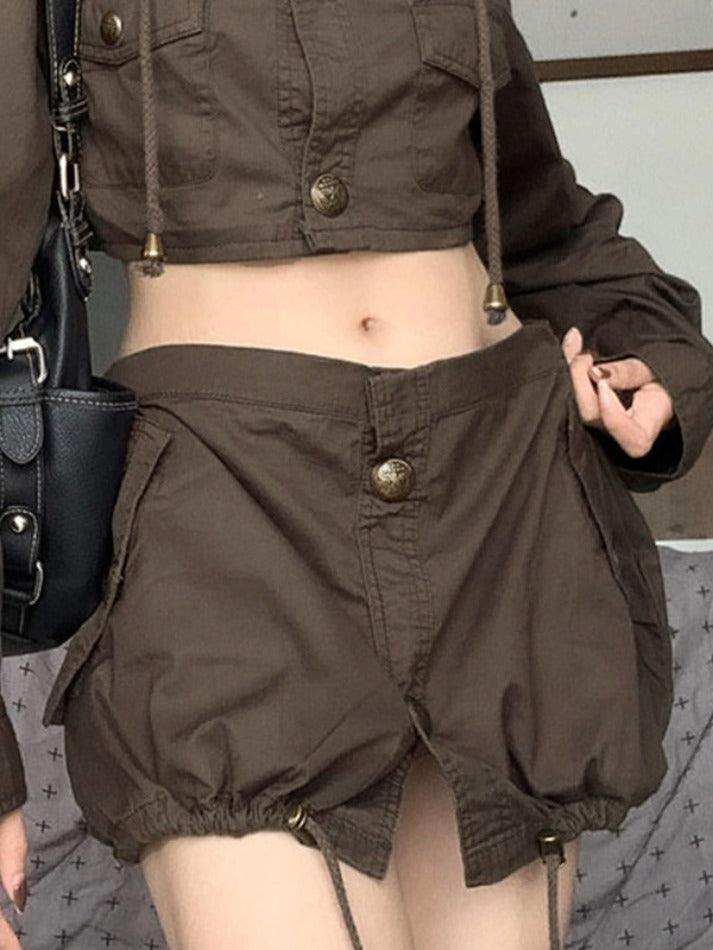 Vintage Pocket Button Drawstring Hem Cargo Mini Skirt