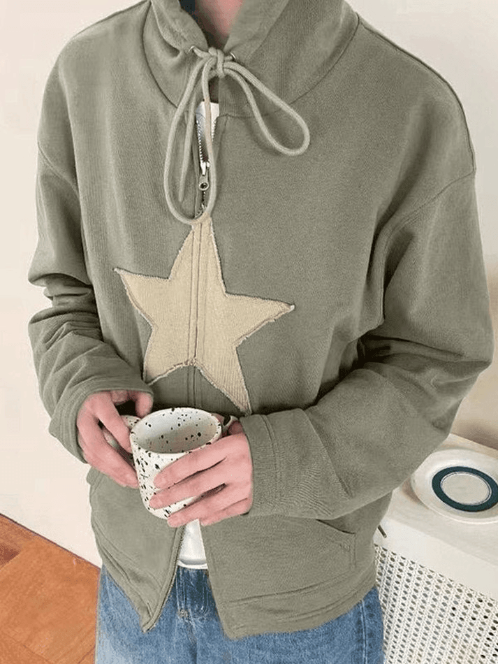 Vintage Star Patch Baggy Zip Up Hoodie