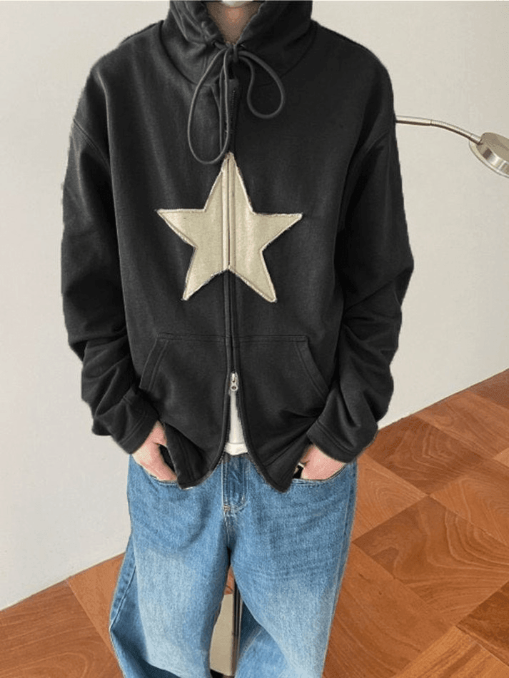 Vintage Star Patch Baggy Zip Up Hoodie