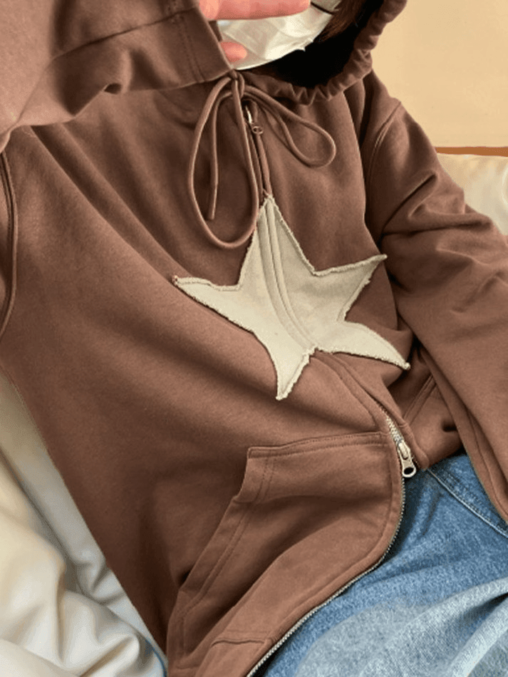 Vintage Star Patch Baggy Zip Up Hoodie