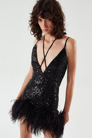 Mini Sequin Dress With Feather Trim