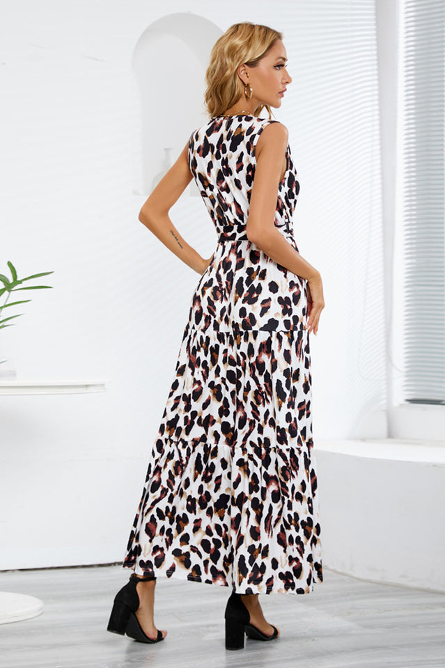 Leopard Print Open Back Split Sleeveless Dress