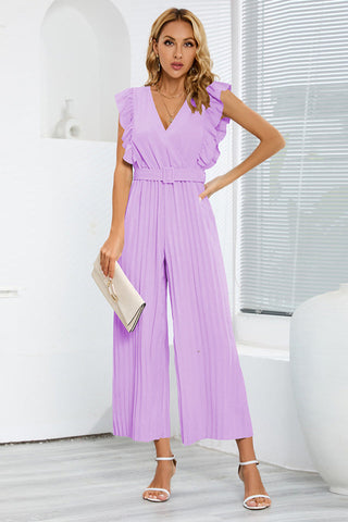 V-Neck Pleats Belted Jumpsuit