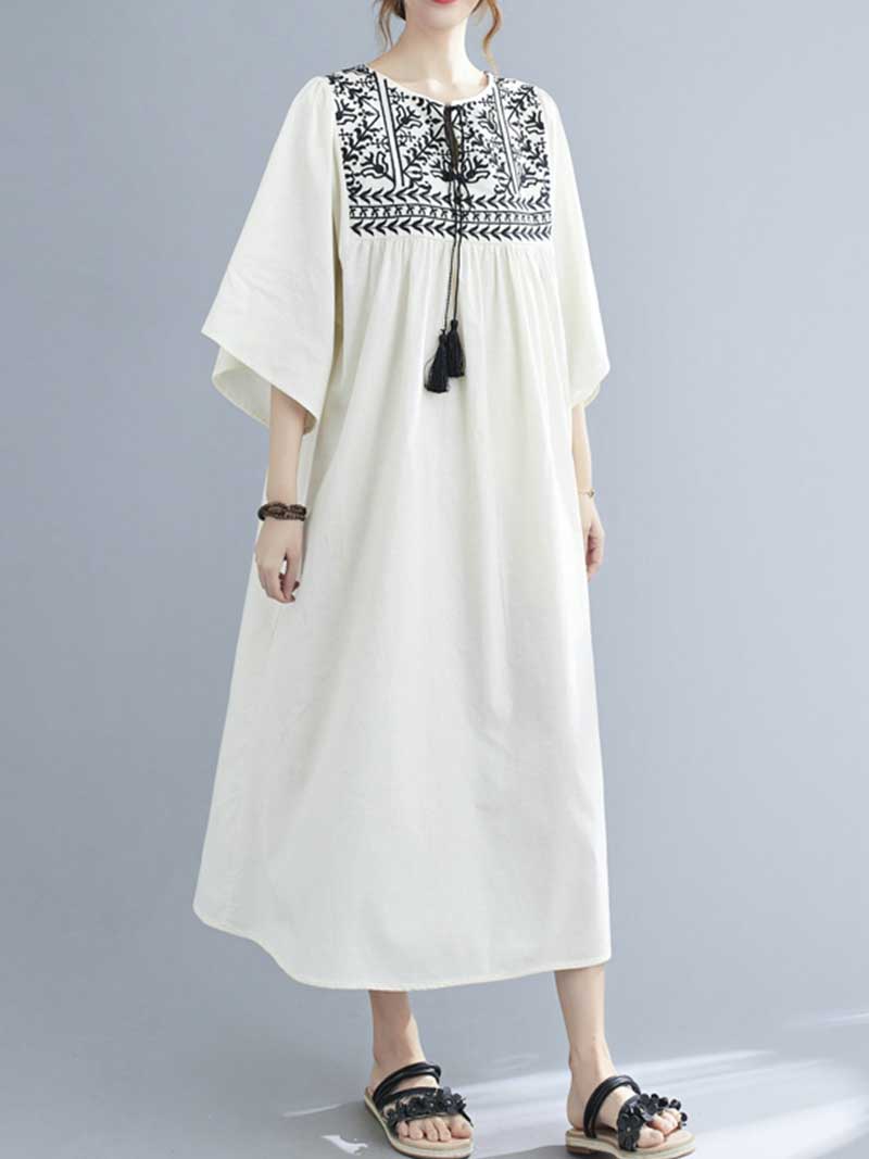 Embroidered Polyester Round-Neck A-Line Dress