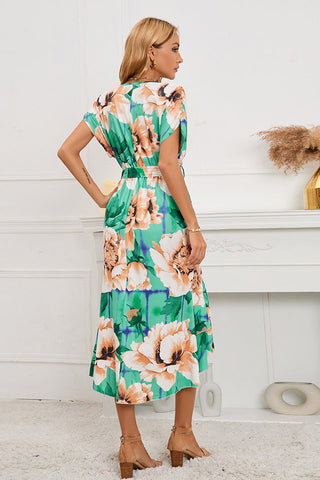 Green & Peach Floral Hi-Low Wrap Dress