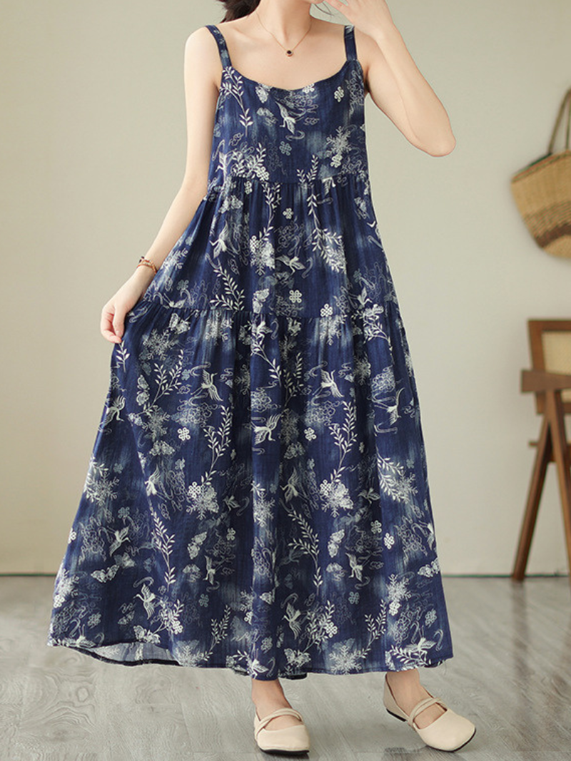 Lightweight Printed Straps Long A-Line Dress