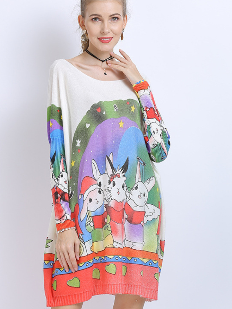 Large Size midi length Sweater Neck Rabbit Print Knit Sweater Tops