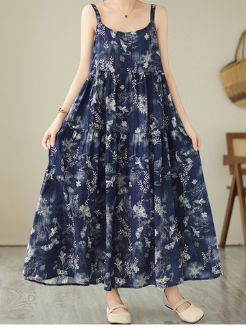 Lightweight Printed Straps Long A-Line Dress