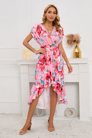 Green & Peach Floral Hi-Low Wrap Dress