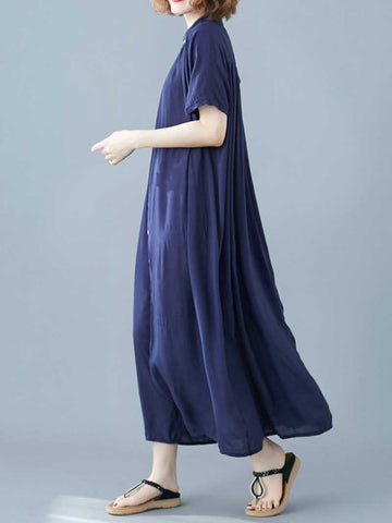 Long Cotton Front Button Cotton Shirt Dress (Navy Blue - Army Green - Brown)