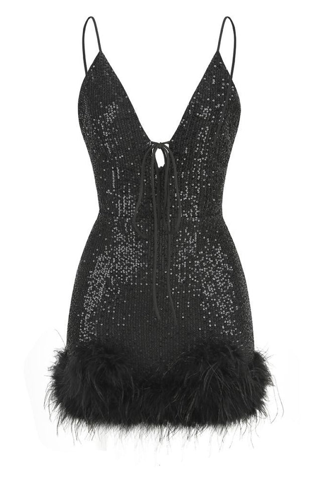 Mini Sequin Dress With Feather Trim