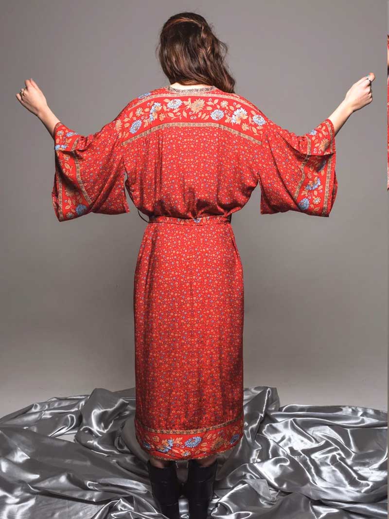 Beachwear Floral Print Red Color Cotton Long Length Gown Kimono Duster Robe