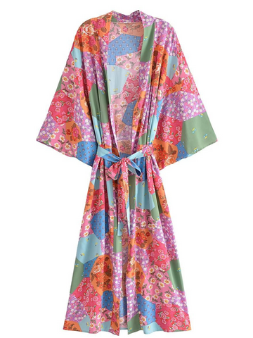 fashionable printing long belt stylish kimono cardigan jacket dress