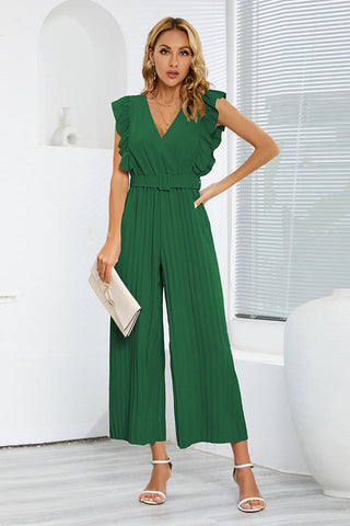 V-Neck Pleats Belted Jumpsuit