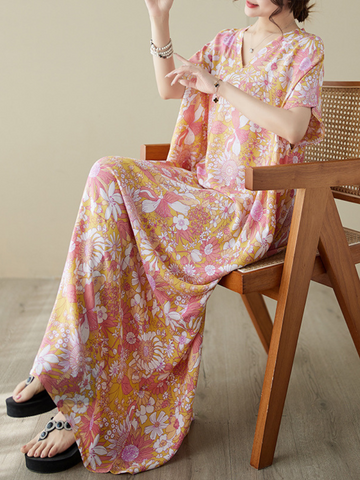 Dream Girl Cotton V-neck Floral Kaftan Dress