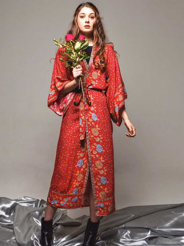 Beachwear Floral Print Red Color Cotton Long Length Gown Kimono Duster Robe