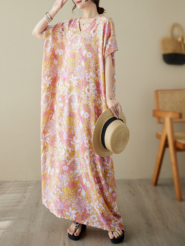 Dream Girl Cotton V-neck Floral Kaftan Dress