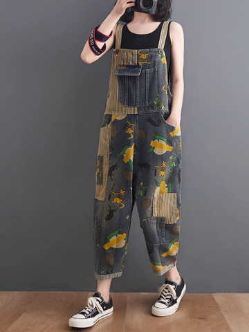 Modern Large Size Cartoon Printed Dungaree