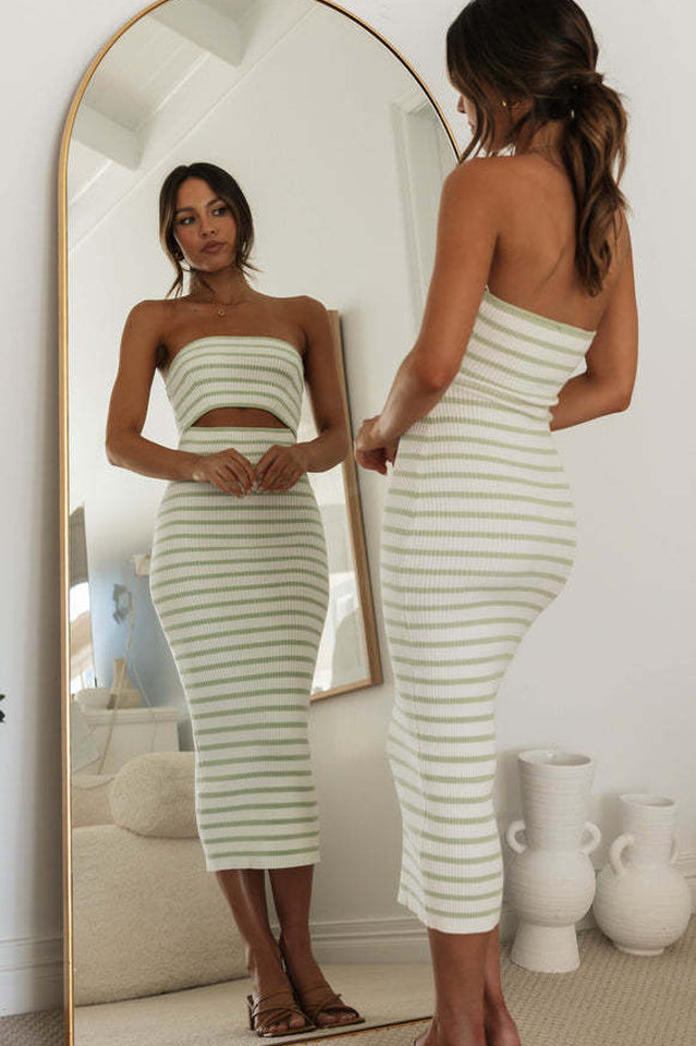 Adelaide Stripe Cutout Rib Midi Tube Dress