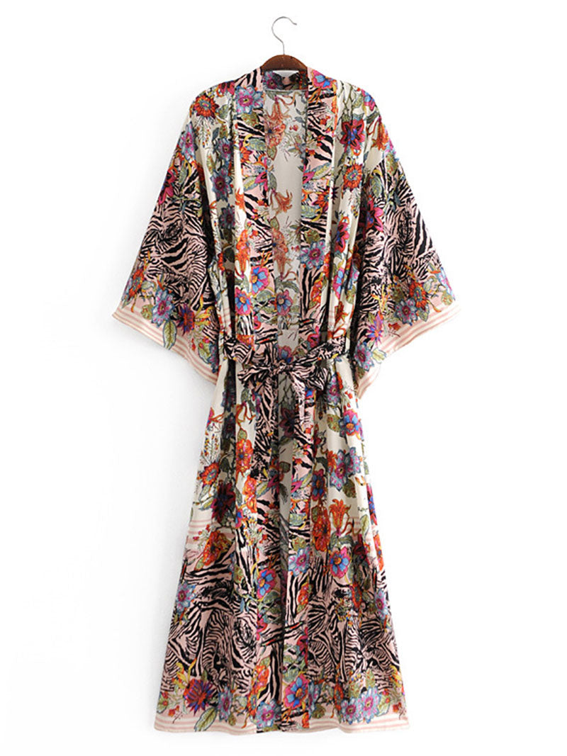 Beachwear Floral Print Black Color Cotton Long Length Gown Kimono Duster Robe