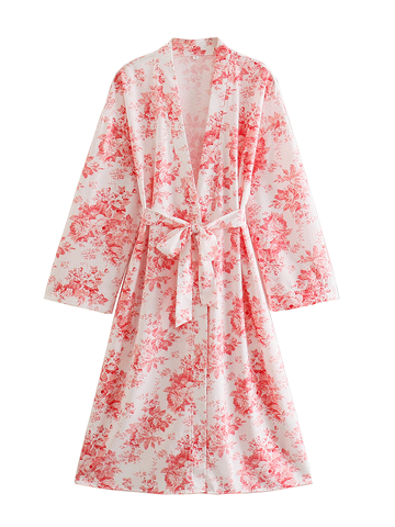 Birthday party Drawstring Print Red Color Polyester Long Length Gown Kimono Duster Robe