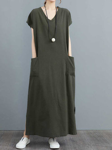 Hemp Material Plain Short Sleeves With Double Side Pocket A-Line Dress