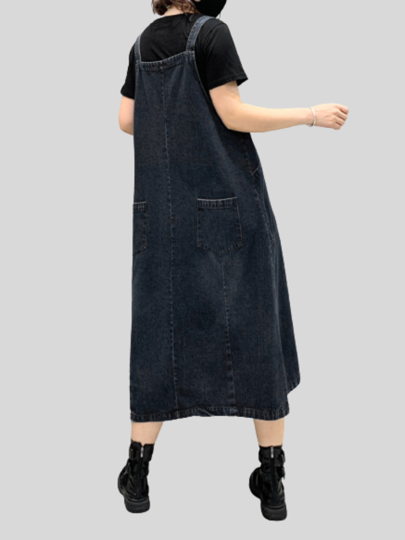 Denim Midi-Length Over-The-Knee Casual Salopette Dress