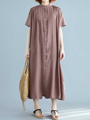 Long Cotton Front Button Cotton Shirt Dress (Navy Blue - Army Green - Brown)