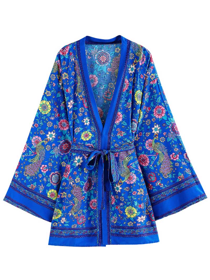 Birthday Wear Cotton Floral Blue Color Printed Kimono Gown Duster Robe