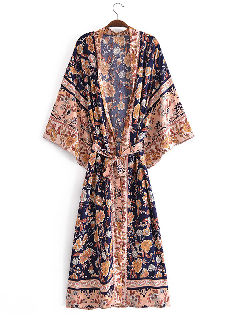 Beachwear Floral Print Black Color Cotton Long Length Gown Kimono Duster Robe