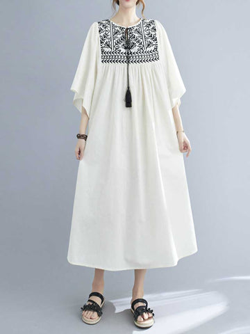 Embroidered Polyester Round-Neck A-Line Dress