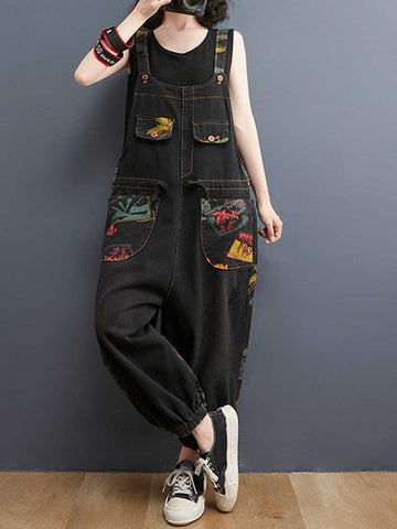 Denim Printed Nine-Point Pants High Waist Overalls Dungaree