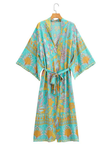 Birthday Party Floral Print Green Color Cotton Long Kimono Robe