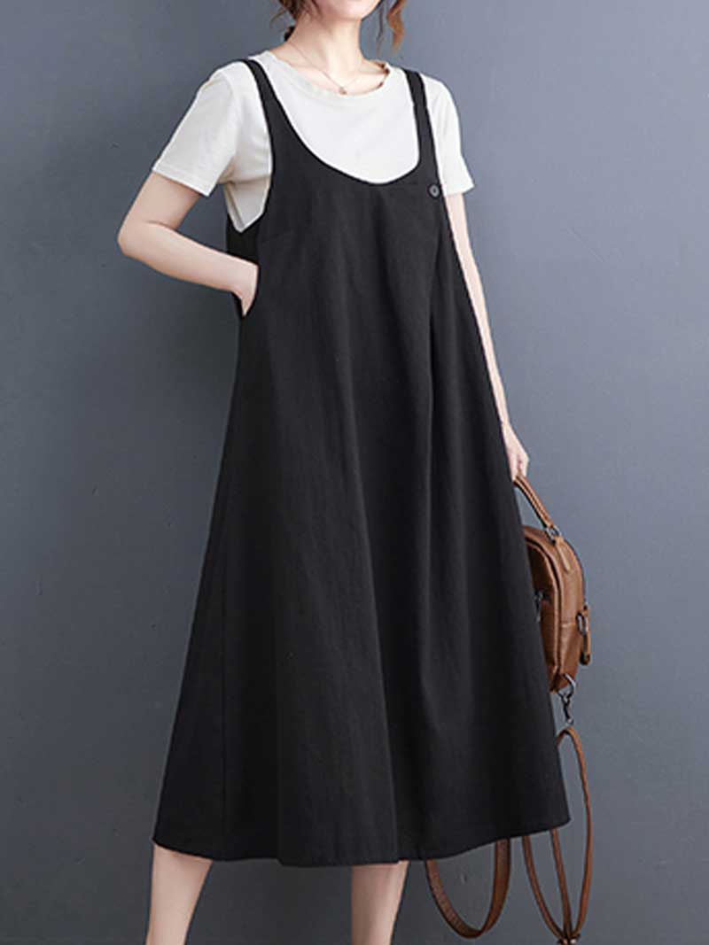 Plain Cotton Round-Neck Salopette Dress