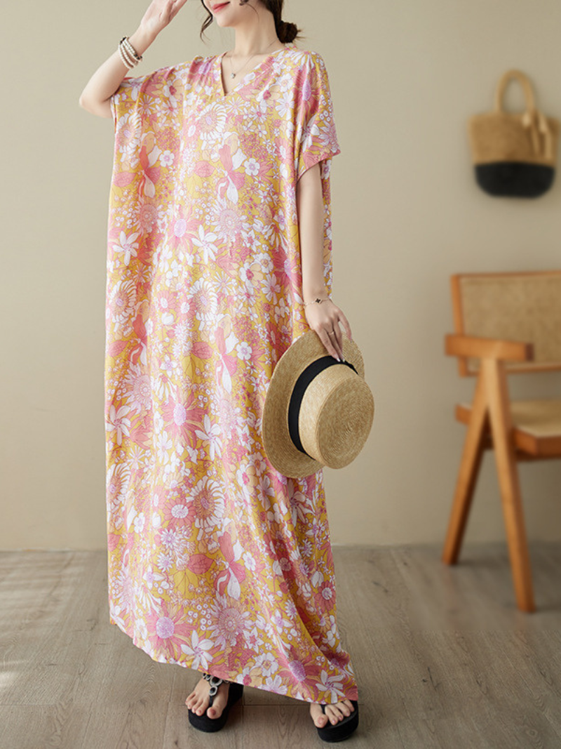 Dream Girl Cotton V-neck Floral Kaftan Dress