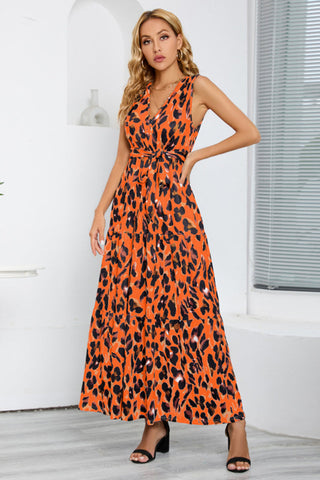 Leopard Print Open Back Split Sleeveless Dress