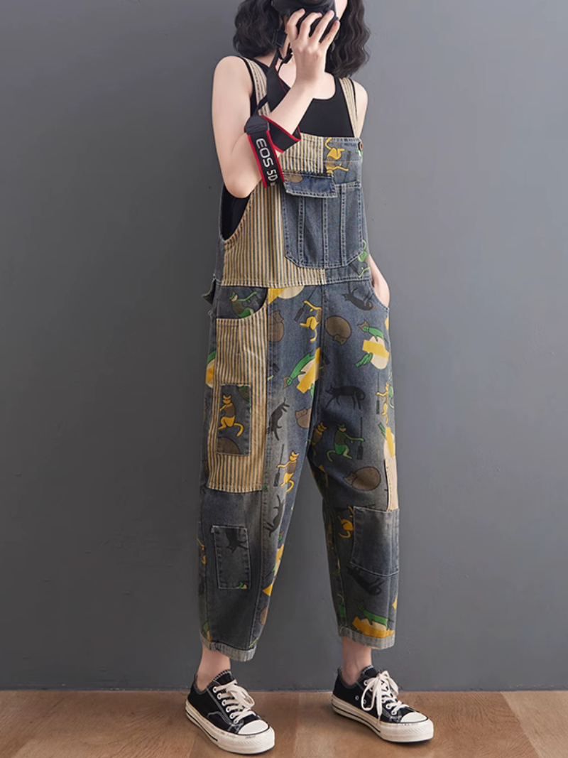 Modern Large Size Cartoon Printed Dungaree