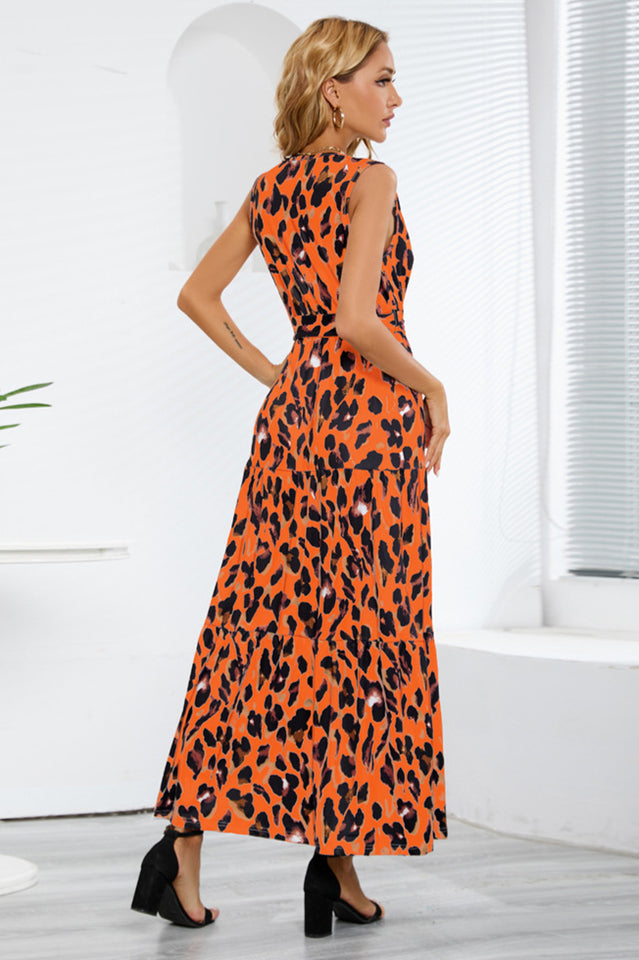 Leopard Print Open Back Split Sleeveless Dress